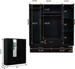 Armoire Wardrobe Closet & Cabinet with Mirror - 4 Door Wooden Armoire Wardrobe for Large Capacity Clothes Storage with Shelves and Hanging Rail, Black - Image 2