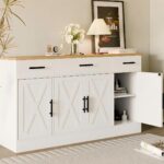 Buffet Cabinet with Storage, Farmhouse Storage Cabinet with 4 Doors and 3 Drawers, Coffee Bar Station Wood Buffet Table with Adjustable Shelf for Living Room, White