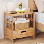 Bamboo Nightstand with Adjustable Drawer- Modern Bed Side Table for Open Storage, Wood Night Stand for Bedroom, Dorm, Sofa, Easy Assembly, Rustic Bedside Tables Multi Small Space Furniture