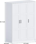 3 Doors Wooden Wardrobe Closet Armoire, White Storage Cabinet for Hanging Clothes, Bedroom Large Capacity Freestanding Armoire,Wood Wardrobe Combination with Shelves (White) - Image 2