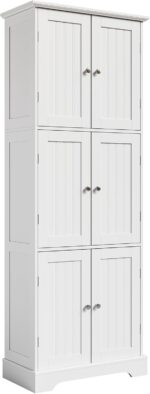 Tall Bathroom Storage Cabinet with 6 Doors, Freestanding Floor Cabinet with Adjustable Shelves, White Pantry Cabinet for Bathroom, Kitchen, Laundry Room
