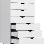 7 Drawer Mobile File Cabinet Under Desk Storage Organization with Wheels Vertical Filing Chest Rolling Wood Small Desk Printer Stand for Home Office, 15.75"D x 18.74"W x 34.25"H, White