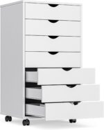 7 Drawer Mobile File Cabinet Under Desk Storage Organization with Wheels Vertical Filing Chest Rolling Wood Small Desk Printer Stand for Home Office, 15.75"D x 18.74"W x 34.25"H, White