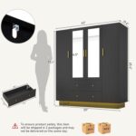 4 Door Wardrobe Closet with Mirrors and LED Lights, Bedroom Armoire with Drawers and Shelves, Modern Wooden Armoire Wardrobe Closet with Hanging Rod for Bedroom, Black - Image 2