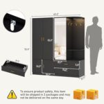 5 Doors Armoire Wardrobe Closet with Sensor Lamp and Mirror, Black - Image 2