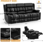 Loveseat Recliner Sofa, Flip Middle Backrest Design PU Leather 3 Seat Reclining Sofa with Storage Drawer, Manual Couch for Living Room/RV (Black, PU) - Image 2