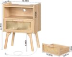 Rattan Nightstand with Charging Station, Boho Side Table with Drawer Open Shelf, Cane Accent Bedside End Table with Solid Wood Legs for Bedroom, Dorm and Small Spaces - Image 2