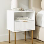 Nightstand,Morden Bedside Table with Gold Frame,Small White Night Stand,End Table,Bedside Furniture,Side Table with Drawer and Shelf for Bedroom,Living Room (1Drawer, White)