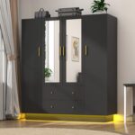 4 Door Wardrobe Closet with Mirrors and LED Lights, Bedroom Armoire with Drawers and Shelves, Modern Wooden Armoire Wardrobe Closet with Hanging Rod for Bedroom, Black