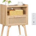 Rattan Nightstand with Charging Station, Boho Side Table with Drawer Open Shelf, Cane Accent Bedside End Table with Solid Wood Legs for Bedroom, Dorm and Small Spaces