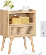 Rattan Nightstand with Charging Station, Boho Side Table with Drawer Open Shelf, Cane Accent Bedside End Table with Solid Wood Legs for Bedroom, Dorm and Small Spaces