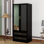 Wood Armoire Wardrobe Closet with Mirror, 2 Doors Armoire Storage Cabinet with Drawers and Hanging Rod，Bedroom Freestanding Wardrobe Combination for Hanging Clothes, Black 70.47”H - Image 2
