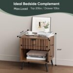 Nightstands, Walnut Fluted Night Stand, Mid Century Modern Nightstand, Bedside Table with Seamless Slatted Drawer, End Tables Bedroom with Metal Legs, Night Stand for Bedroom - Image 2