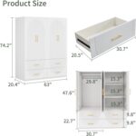 74" H 4 Doors White Wooden Armoire Wardrobe Closet Bedroom Freestanding Storage Closet Armoire Cabinet Bathroom Storage Clothes Organizer Shelf with Hanging Rod Gold Handles - Image 2