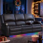 Redesigned Recliner Sofa 3 Seater Couch with Recliner, Home Theater Seating with Liftable Console & Removable Armrest, Manual PU Leather Sofa Reclining with Storage & USB Ports for Living Room