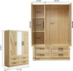 Rattan Wardrobe Closet with Mirror: 3 Door Bedroom Armoires Wardrobe Closet with 4 Drawers Tall Wardrobe Closet Cabinet with Shelves - Image 2