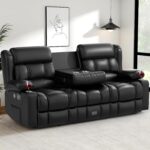 Loveseat Recliner Sofa, Flip Middle Backrest Design PU Leather 3 Seat Reclining Sofa with Storage Drawer, Manual Couch for Living Room/RV (Black, PU)