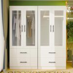 Wooden Armoire Wardrobe Closet with Glass Door, Bedroom Armoire Storage Cabinet, 4 Door Modern White Armoire Wardrobe Closet with Hanging Rod for Bedroom