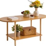 Wooden Tea Table Small Coffee Table, 2 Tier Coffee Table for Living Room, 35x16x17inch Tea Table Stand with Storage Shelf Natural Wood Color