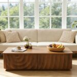 Wooden Coffee Table, 47.2" Rectangle Mid Century Modern Water Ripple Texture Center Table with 2 Drawers, Cocktail Tea Table with Safe Curved Corners for Living Room Home Office, Walnut