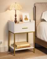 Nightstand with Charging Station,3-Tier Bedside Table for Small Space,Modern Night Stand with Storage Drawer and Shelf,Small Side Table for Bedroom,Living Room,White