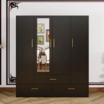 Armoire Wardrobe Closet & Cabinet with Mirror - 4 Door Wooden Armoire Wardrobe for Large Capacity Clothes Storage with Shelves and Hanging Rail, Black