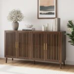 63" Long Sideboard Buffet with 4 Slatted Doors, Farmhouse Buffet Storage Cabinet with Adjustable Shelf, Coffee Bar Cabinet for Entryway, Kitchen, Dining Room, Living Room, Walnut Color | 4 Louvered Doors, Farmhouse Buffet, Storage Cabinet, Gold Handle, Coffee Bar Cabinet