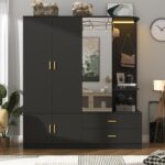 5 Doors Armoire Wardrobe Closet with Sensor Lamp and Mirror, Black