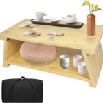 Floor Table, Altar Table Paulownia Folding Design, Low Meditation Table for Sitting on The Floor Japaness Table Tatami Table (Bamboo Color)