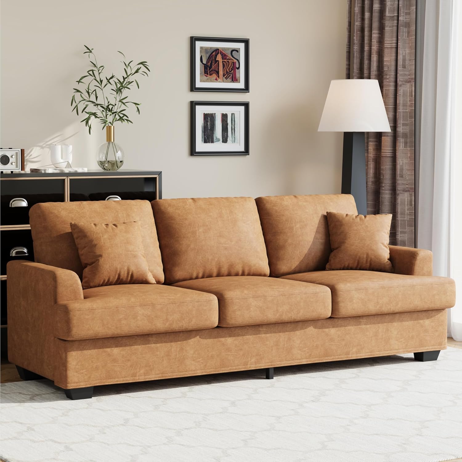 Modern 86" Leather Sofa with 2 Throw Pillows, Deep Seat Couch with Upholstered Cushion & Removable Cover,Comfy Faux Leather Sofa Couch for Small Space Apartment Lounge, Brown