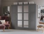 100% Solid Wood  4-Door Wardrobe with Mirrored Clothing Rods, No Shelves, Gray, 74.5" W x 72" H x 20.75" D, Renewable Eco-Friendly Wood, Made in Brazil