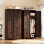 70" Large Armoire Wardrobe Closet Set of 2 with Hanging Rod, Farmhouse Clothing Storage Cabinet with 4 Barn Wooden Tall Bedroom Armoires with Shelf, Espresso