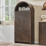71" Tall Arched Kitchen Pantry, Modern Fluted Wood Storage Cabinet with Doors, 3 Adjustable Shelves, 6 Door Shelves, Organizer, Versatile Cupboard for Kitchen, Bathroom, Brown