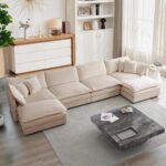 Modular Sectional Sofa, 146.5 Inch U Shaped Couch Set for Living Room, 4-Seater Comfy Cloud Couches with Two Movable Ottoman, DIY Combination, Chenille, Light Coffee