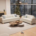 Sofa, 2 Piece Set Comfy Couch, 3 Seater & Loveseat Sofa with Deep Seats, Modern Sleeper Couch for Living Room, Beige Chenille