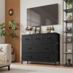 7 Drawer Dresser with Fabric Bins Fabric Storage Tower Organizer for Bedroom Closet Hallway Entryway Tall Chest of Drawers with Steel Frame Wood Top Easy Pull Handles,Black - Image 2