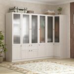 Extra Large L-Shape Armoire Wardrobe Closet with 6 Frosted Glass Hanging Bars, Shelves & Drawers, 98.4" L Wooden Closet Storage Cabinet for Bedroom, Warm Grey