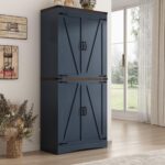 71" Tall Kitchen Pantry,Farmhouse Storage Cabinet with Adjustable Shelves,Load-Bearing Steel Pipe,Farmhouse Pantry Cabinet with 4 Barn Doors,for Kitchen,Dining Room,Living Room(Blue)