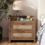 Rattan Nightstand End Table - Night Stand Bedside Table with Type-C Charging Station, 2 Drawers Storage - Boho Night Stands for Bedroom - Natural Oak