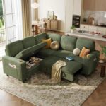 Sectional Sleeper Sofa with Storage Chaise & USB Charging, Convertible Pull Out Couch Bed Plush Corduroy Modular Sectional Couches for Living Room Apartment (Green)