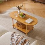 Wooden Tea Table Small Coffee Table, 2 Tier Coffee Table for Living Room, 35x16x17inch Tea Table Stand with Storage Shelf Natural Wood Color - Image 2