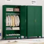 70.9" H Metal Armoire Wardrobe Closet, Adjustable Shelve, Clothes Drying Pole, Steel Wardrobe Cabinet for Bedroom (Green)
