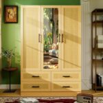 Rattan Wardrobe Closet with Mirror: 3 Door Bedroom Armoires Wardrobe Closet with 4 Drawers Tall Wardrobe Closet Cabinet with Shelves
