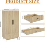 Armoire Wardrobe Closet with 2 Fluted Doors Wardrobe Cabinet with Shelves and Hanging Rod Freestanding Clost Modern Wooden Bedroom Armoire Cabinet Clothing Organizer with Drawers (Natural) - Image 2