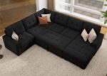 Sectional Sleeper Sofa with Pull Out Bed, Sleeper Sectional Couch for Living Room, Sleeper Sofa Bed with Storage Chaise, Velvet Black