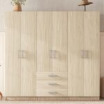 Large Natural 6 Doors Wooden Wardrobe Closet Organizer, Bedroom Tall Armoire with Big Drawers, Hanging Rails and Shelves, Clothes Storage Cabinet for Garage & Laundry Room, Brown