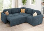 Modular Sectional Sleeper Couch with Pull Out Bed, Corduroy L Shaped Sofa with Storage, Convertible Sectional Couches for Living Room, Blue