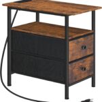 End Table with Charging Station, Narrow Side Table, Nightstand with 2 Non-Woven Drawers, Slim Sofa Side Table, for Small Spaces, Living Room, Bedroom, Rustic Brown and Black