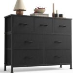 7 Drawer Dresser with Fabric Bins Fabric Storage Tower Organizer for Bedroom Closet Hallway Entryway Tall Chest of Drawers with Steel Frame Wood Top Easy Pull Handles,Black