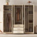 6-Doors Wooden Wardrobe Storage for Bedroom, with Big Drawers, Gray